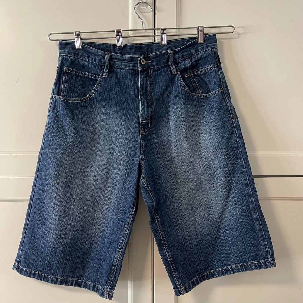 Southpole Mens Baggy Denim Shorts Sz. 37 Blue wash Embroidered Y2K Streetwear